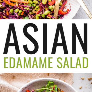 Asian edamame salad in a serving bowl with spoons. Photo below is a small plate with a serving of the salad.