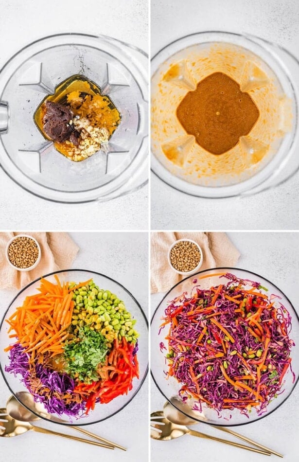 Collage of four photos showing the steps to make Asian Edamame Salad: blending miso dressing in a blender and then tossing the dressing with veggies.
