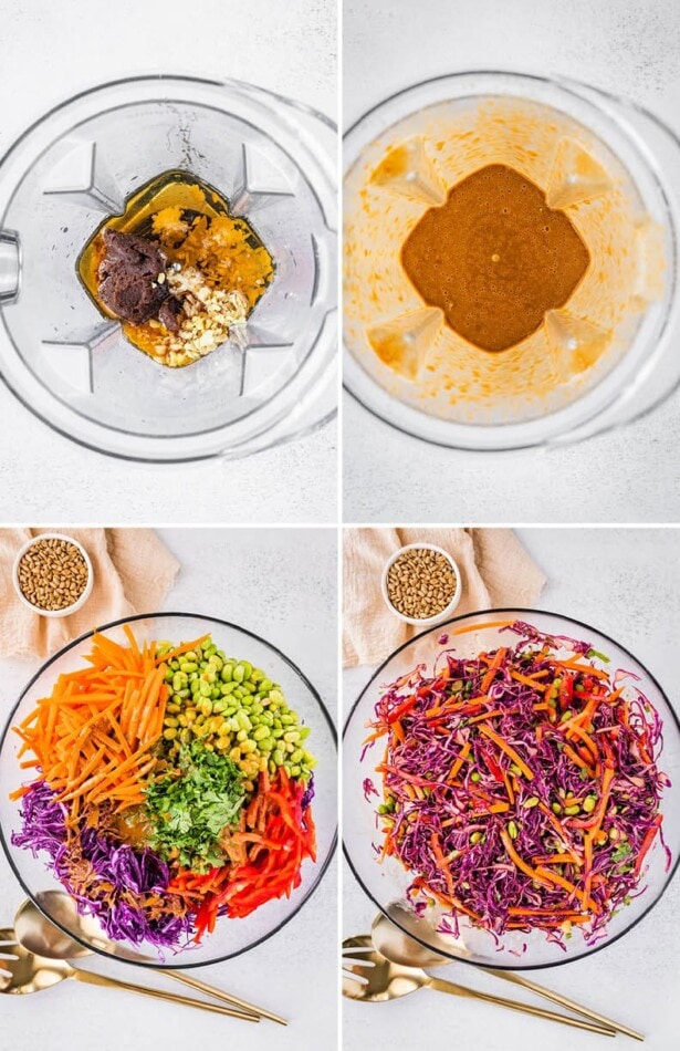 This edamame salad is like an Asian coleslaw with crunchy cabbage, carrots, peppers and a ginger-miso dressing! Collage of four photos showing the steps to make Asian Edamame Salad: blending miso dressing in a blender and then tossing the dressing with veggies.