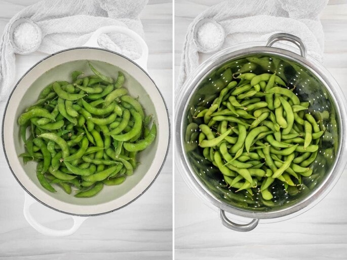 Side by side photos: edamame pods being cooked in a pot of salted water, another photo of the pods being drained.