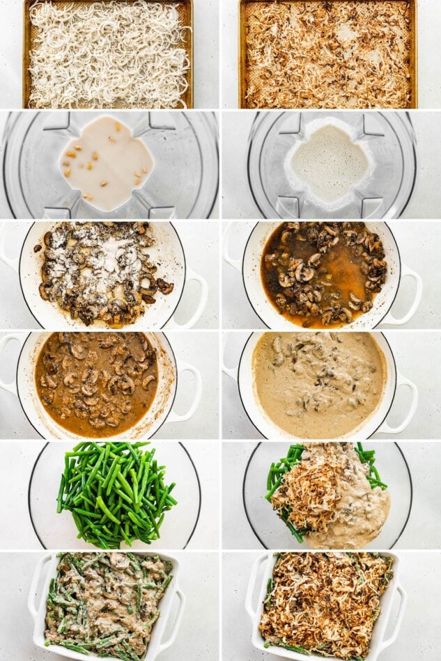 Collage of 12 photos showing the steps to make homemade green bean casserole from crispy onions, mushroom creamy soup and baking with green beans.