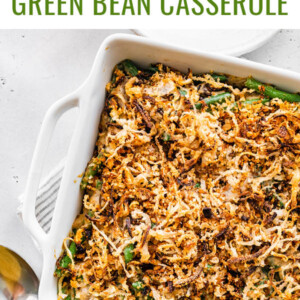 Homemade healthy green bean casserole in a square dish.