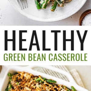 Serving of green bean casserole on a plate and the photo below is a square dish with the green bean casserole.