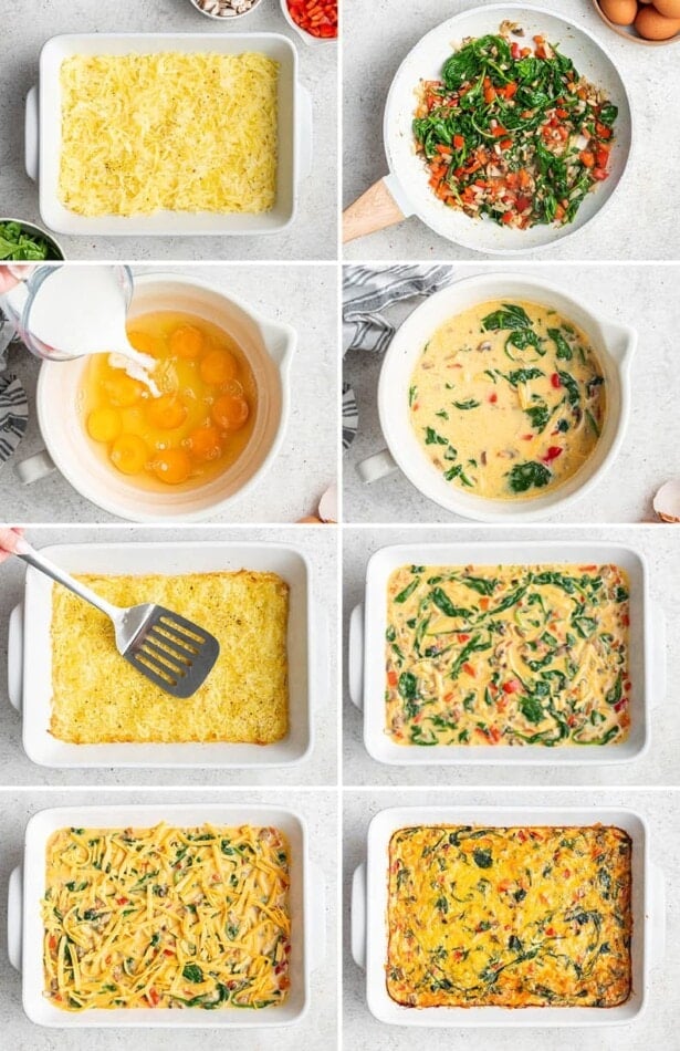 8 photos showing the steps to make a Vegetarian Hash Brown Breakfast Casserole: cooking veggies together and adding to egg mixture, then layering in a casserole pan with hash browns, eggs and topped with cheese to bake.