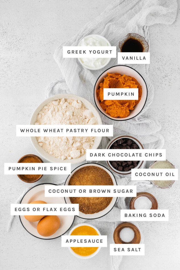 Ingredients measured out to make Healthy Pumpkin Bars: Greek yogurt, vanilla, pumpkin, whole wheat pastry flour, dark chocolate chips, pumpkin pie spice, coconut oil, coconut or brown sugar, eggs or flax eggs, applesauce, baking soda and sea salt.