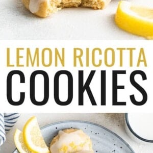 Two lemon ricotta cookies. One has a bite taken out of it. Photo below is of a plate of the cookies.