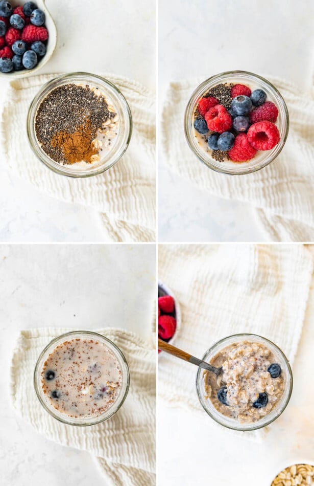 Collage of four photos showing a jar with the ingredients to make Low Calorie Overnight Oats getting mixed together and then thickening up.