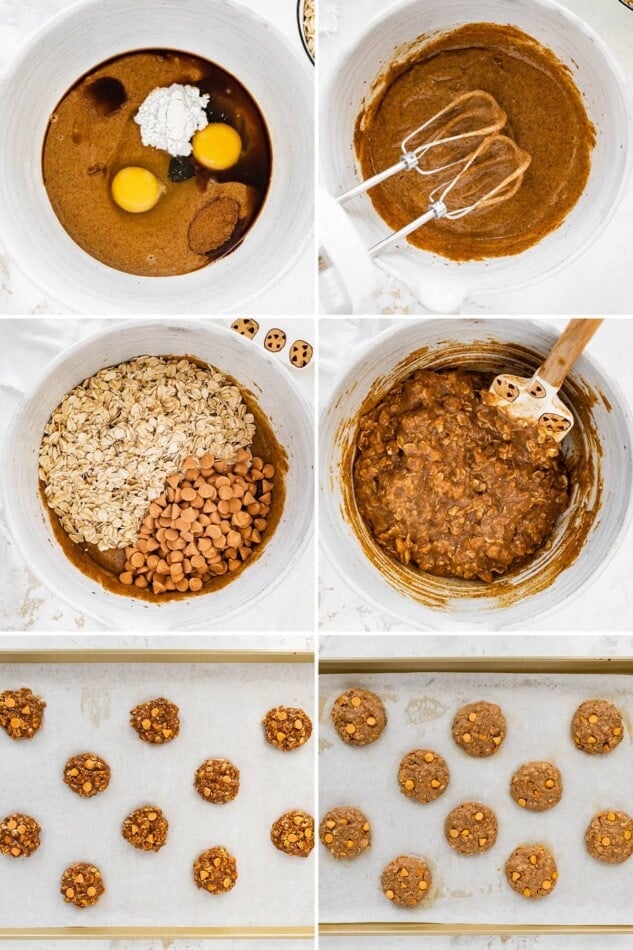 Collage of six photos showing how to make oatmeal scotchie cookies.