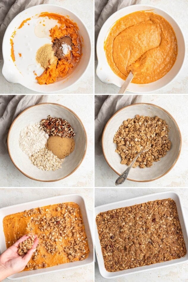 Collage of six photos showing how to make Healthy Sweet Potato Casserole.