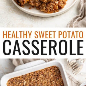 A portion of sweet potato casserole on a plate with a fork. Photo below is the sweet potato casserole in a dish.