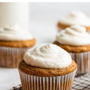 Sweet potato cupcake topped with cream cheese frosting.