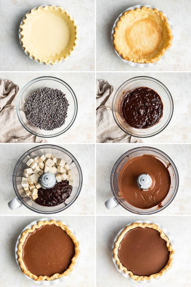 8 photos showing the steps to make Vegan Chocolate Pie.