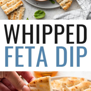 Whipped feta dip served with a platter of pita. Photo below is a hand dipping pita bread in a bowl of whipped feta dip.