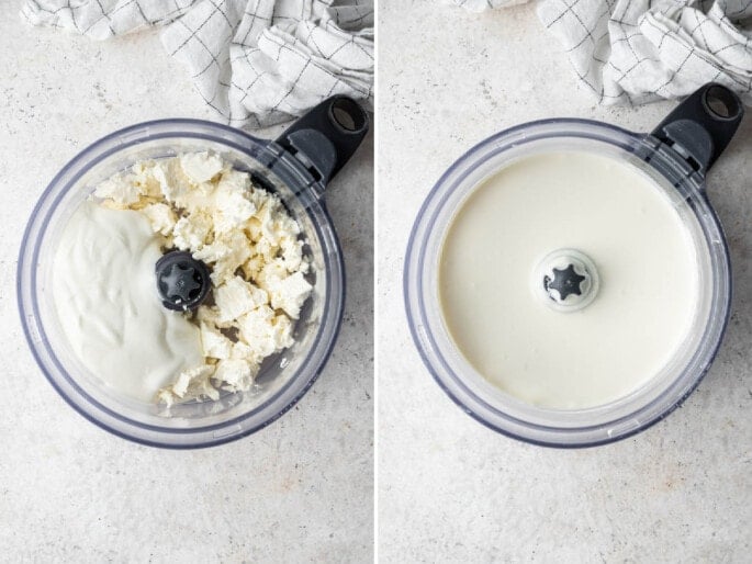 Side by side photos of a food processor making whipped feta dip, before and after being processed.