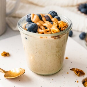 A jar of blended overnight oats.