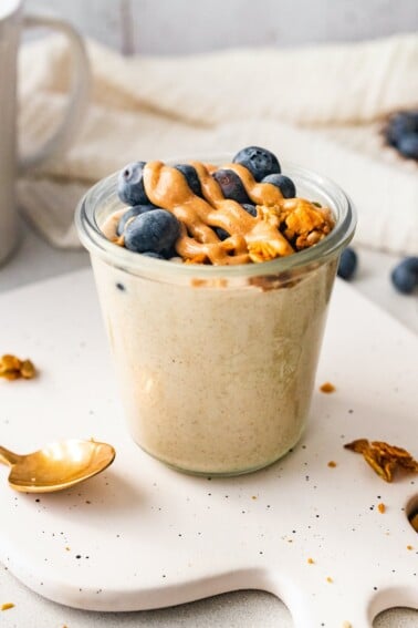 A jar of blended overnight oats.