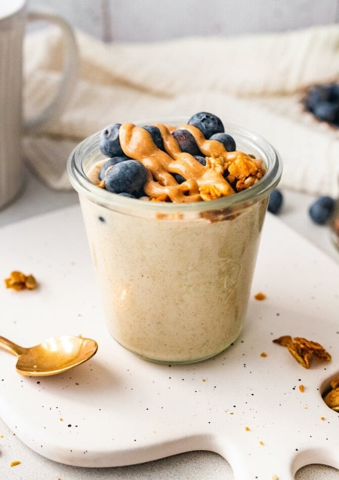 A jar of blended overnight oats.