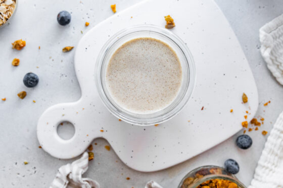 Blended overnight oats in a jar.