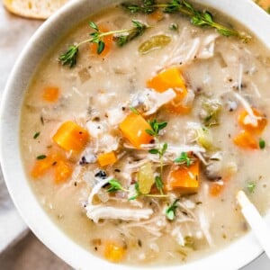 A bowl of slow cooker chicken and wild rice soup.