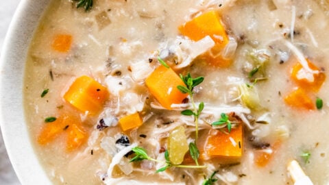 A bowl of slow cooker chicken and wild rice soup.