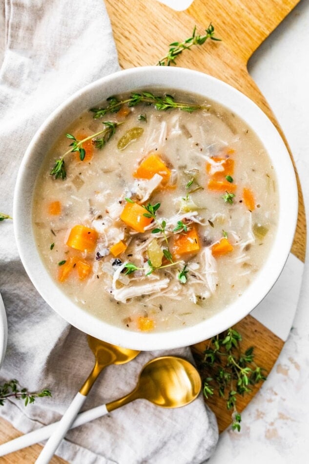 A bowl of chicken and wild rice soup.