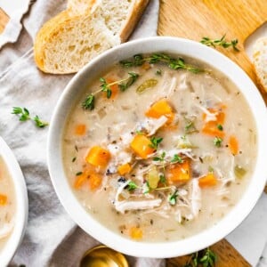 A bowl of chicken and wild rice soup.