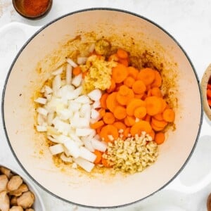 Vegetables cooking in a pot.