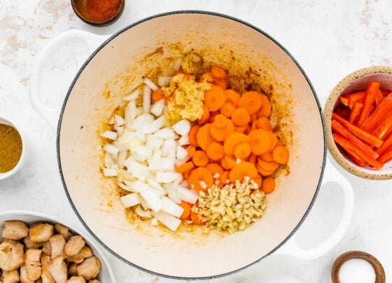 Vegetables cooking in a pot.