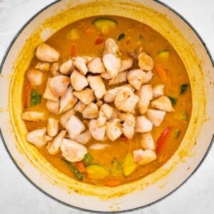 Cooked chicken added to vegetable curry in a pot.