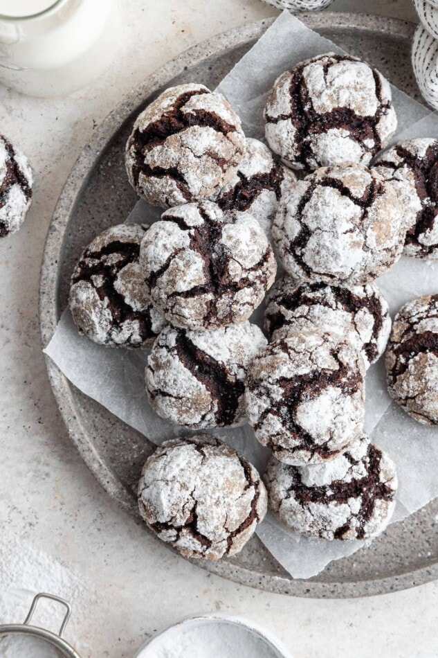 A tray of chocolate crinkle cookies.