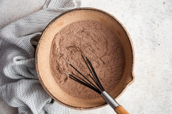 Flour, cocoa powder, baking soda and salt combined in a medium mixing bowl