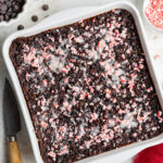 Chocolate peppermint baked oatmeal in a baking dish.