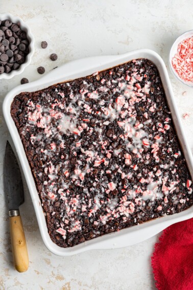 Chocolate peppermint baked oatmeal in a baking dish.
