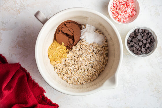 Oats, cocoa powder, baking powder, sea salt and flaxseed in a bowl.