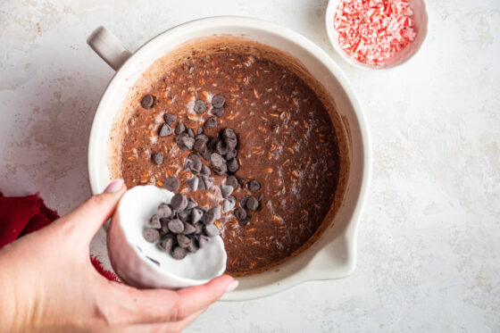 Adding chocolate chips to the oatmeal mixture.