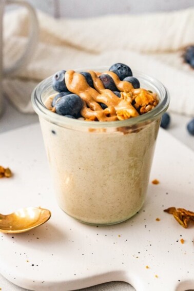 A jar of blended overnight oats.