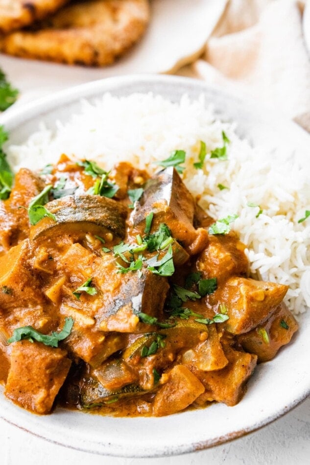 Eggplant curry served with rice.