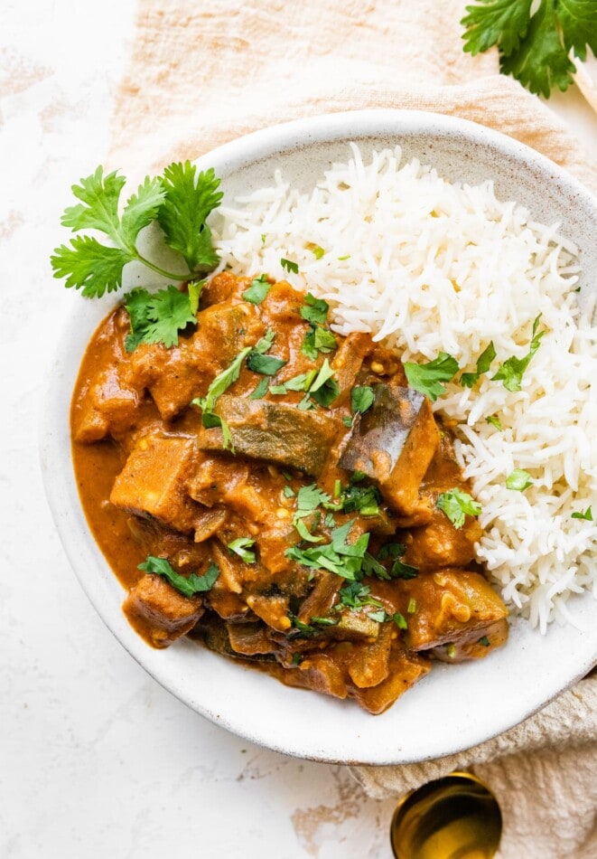 A shallow bowl of eggplant curry with rice.