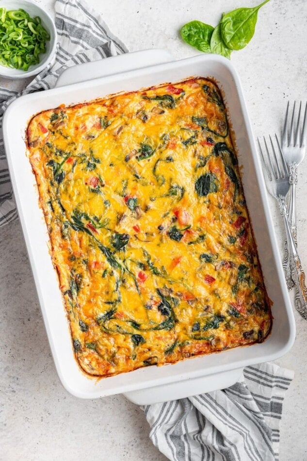 Hash brown casserole in a baking dish.