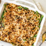 Healthy green bean casserole in a baking dish.