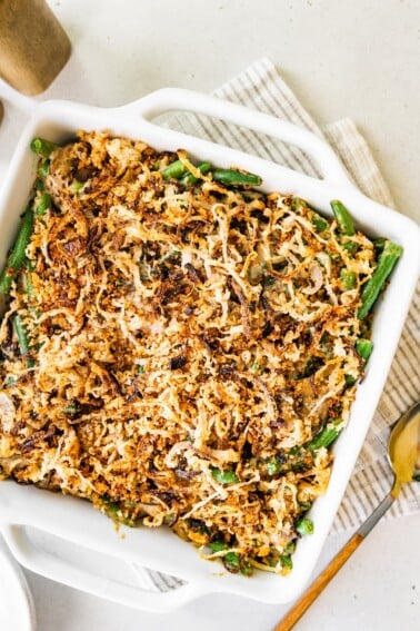 Healthy green bean casserole in a baking dish.