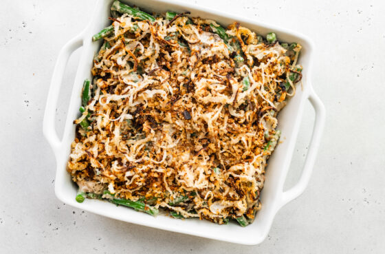 Healthy green bean casserole assembled in a baking dish.