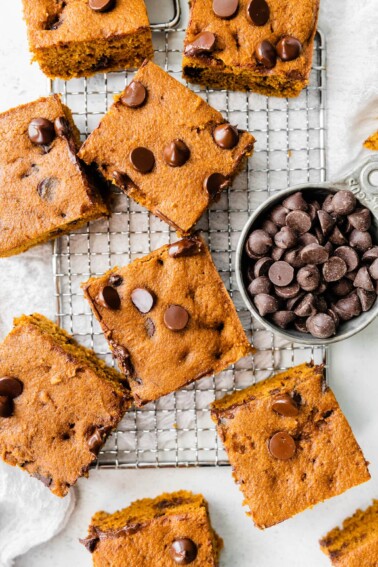 Squares of pumpkin bars on a cooling rack with a measuring cup full of chocolate chips.
