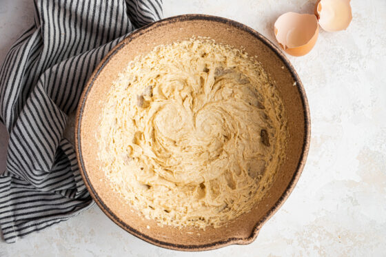 Egg creamed into the butter and sugar mixture.