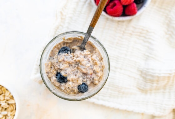 Overnight oats ready to eat in a jar.