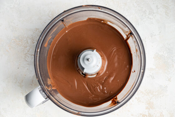 Chocolate pie filling blended together in a food processor.