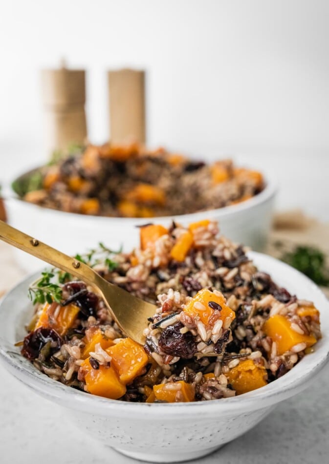 A bowl of wild rice stuffing.