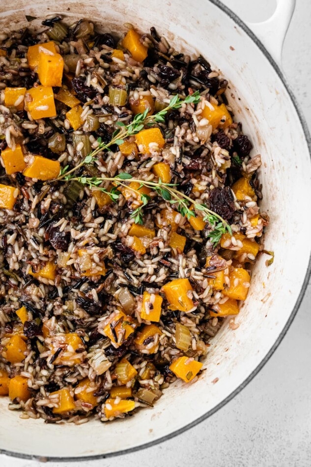 Wild rice stuffing in a pot.