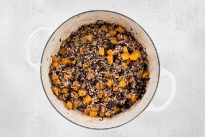 Wild rice stuffing in a pot.