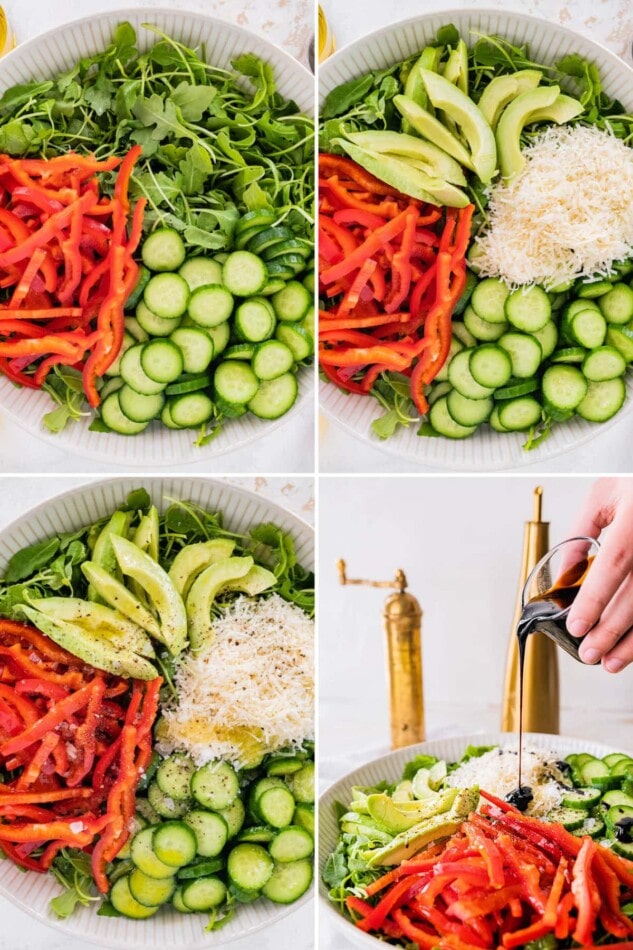 Collage of four photos showing the steps to make Bella Hadid Salad.